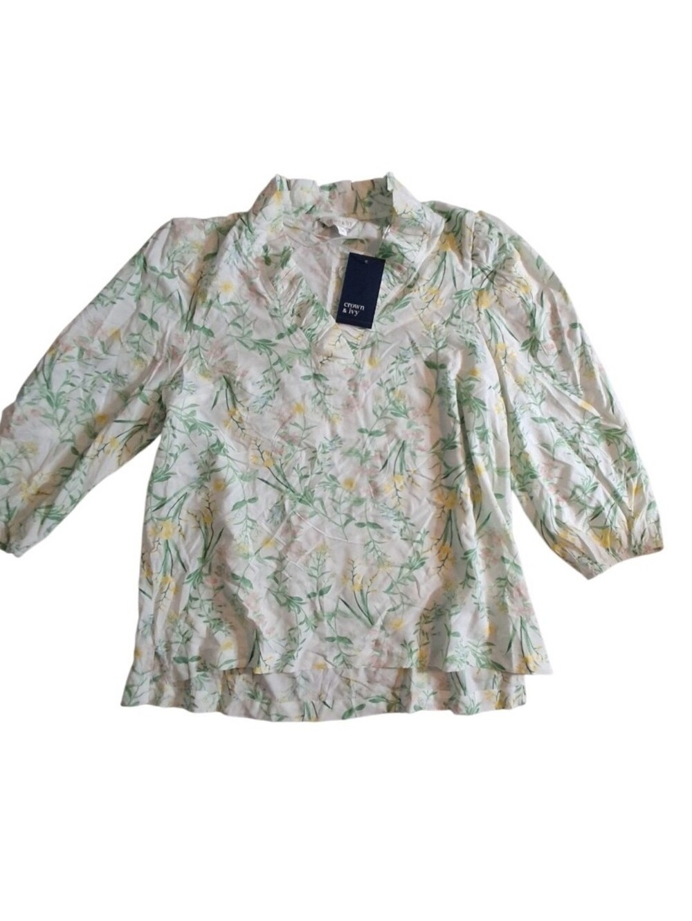 Crown & Ivy 3/4 Sleeve Ruffle Neck Floral Blouse Women Size XL New